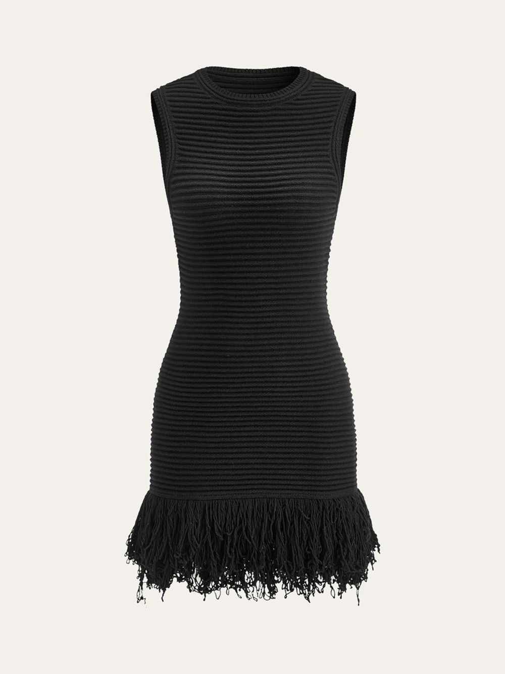 COMMENSE Sleeveless Black Knit Fringe Hem Dress